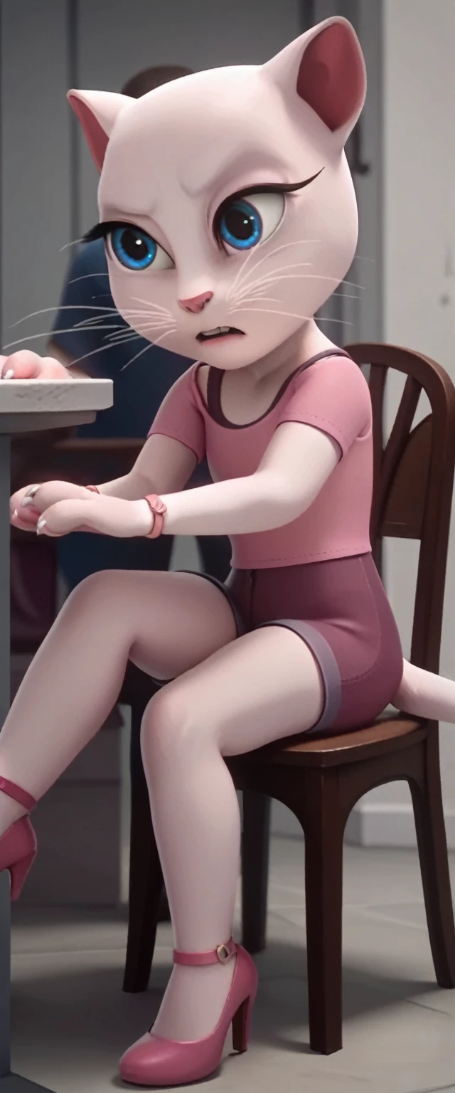 1 girl, cat, white fur, long whiskers on both sides of the face, large bright blue eyes, large black eyelashes, small pink nose, triangular ears with pink channels. There are high-heeled shoes. 1 girl and 1 boy. Side view, man is sitting on the chair, opens his legs, woman is sitting on the man's lap with her legs crossed, having sex. Fucking, penis in the anus, rape is displayed above. crossed legs