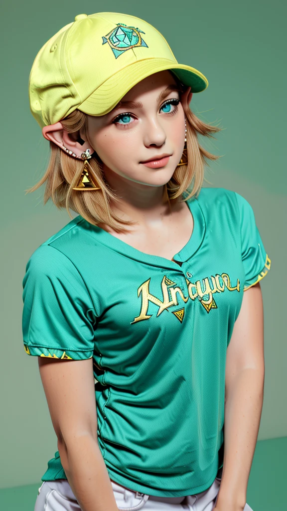 princess zelda, masterpiece, best quality, 1girl, aqua eyes, baseball cap, blonde hair, closed mouth, earrings, green background, hat, hoop earrings, jewelry, looking at viewer, shirt, short hair, simple background, solo, upper body, yellow shirt