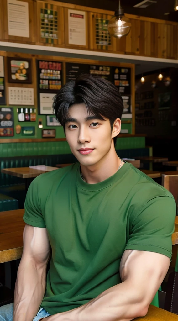 ((realistic daylight)) , Young Korean man in a green t-shirt Denim shirt, jeans, A handsome, muscular young Asian man looks at the camera. , in the restaurant ,turn sideways