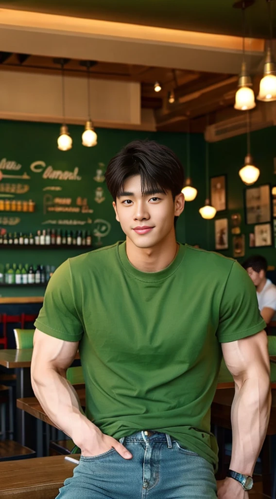 ((realistic daylight)) , Young Korean man in a green t-shirt Denim shirt, jeans, A handsome, muscular young Asian man looks at the camera. , in the restaurant ,turn sideways