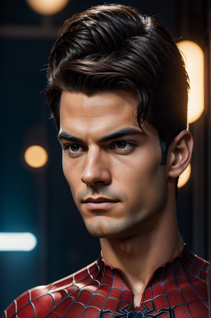 A photograph of Spider-Man., sin mascara, the 20s, elegant, detailed face, looking to the camera, portrait, 8k hd, high quality