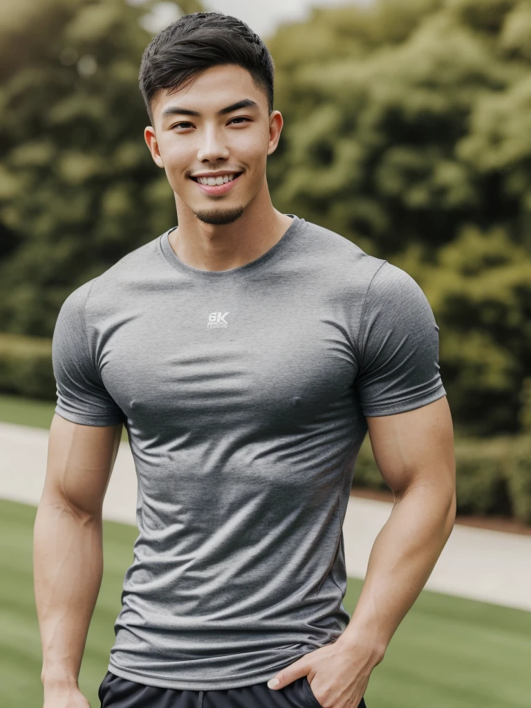 Tony Labrusca, (As a matter of fact, Masterpiece, 8k HD, good light quality, sportswear, fit the face, complicated details), A handsome, muscular young Korean man. , 20 years old, be happy, smile brightly, detailed face, delicate eyes, มองดูsky, Wearing a tight gray t-shirt, period, black eyes, Black hair color, ผมsmooth, smooth, outdoor sports, Along the garden, Sunny,sky,Surreal,Awesome details,Highest quality,real,