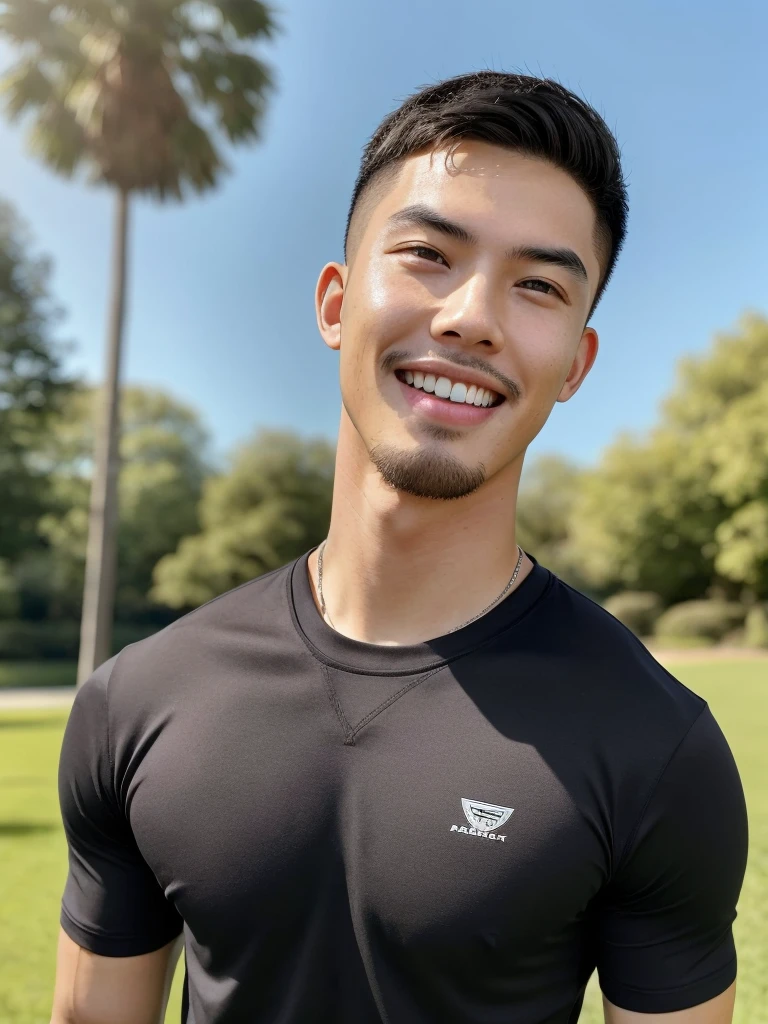Tony Labrusca, (As a matter of fact, Masterpiece, 8k HD, good light quality, sportswear, fit the face, complicated details), A handsome, muscular young Korean man. , 20 years old, be happy, smile brightly, detailed face, delicate eyes, มองดูsky, Wearing a tight gray t-shirt, period, black eyes, Black hair color, ผมsmooth, smooth, outdoor sports, Along the garden, Sunny,sky,Surreal,Awesome details,Highest quality,real,