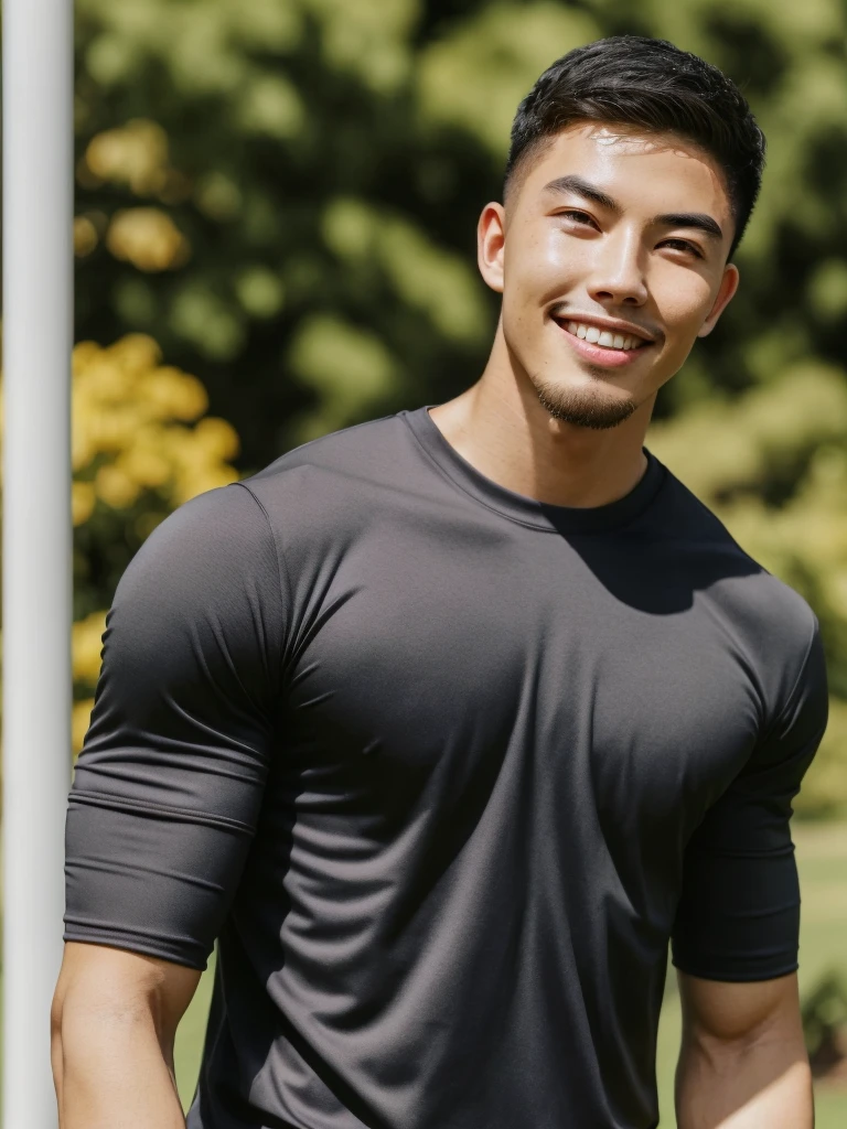 Tony Labrusca, (As a matter of fact, Masterpiece, 8k HD, good light quality, sportswear, fit the face, complicated details), A handsome, muscular young Korean man. , 20 years old, be happy, smile brightly, detailed face, delicate eyes, มองดูsky, Wearing a tight gray t-shirt, period, black eyes, Black hair color, ผมsmooth, smooth, outdoor sports, Along the garden, Sunny,sky,Surreal,Awesome details,Highest quality,real,