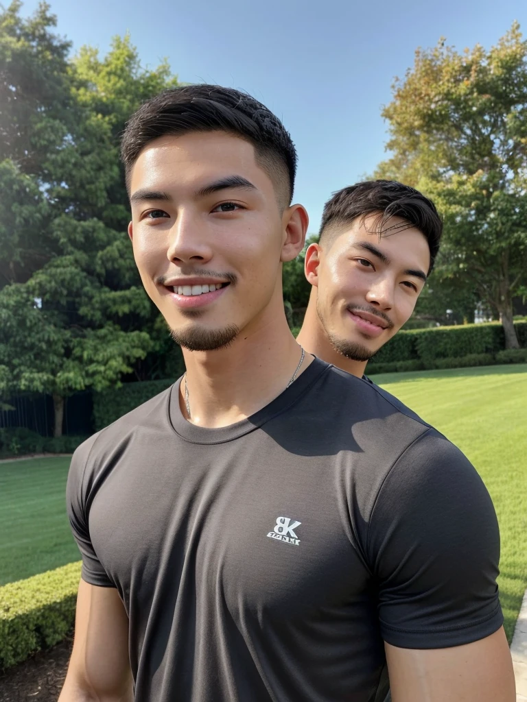 Tony Labrusca, (As a matter of fact, Masterpiece, 8k HD, good light quality, sportswear, fit the face, complicated details), A handsome, muscular young Korean man. , 20 years old, be happy, smile brightly, detailed face, delicate eyes, มองดูsky, Wearing a tight gray t-shirt, period, black eyes, Black hair color, ผมsmooth, smooth, outdoor sports, Along the garden, Sunny,sky,Surreal,Awesome details,Highest quality,real,
