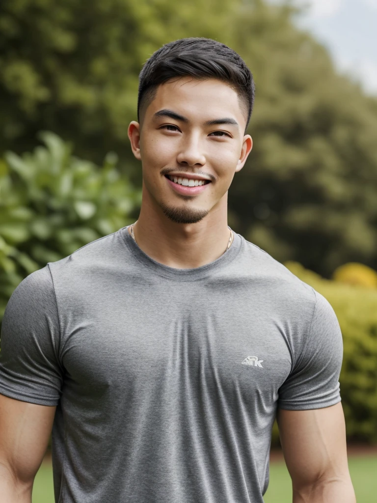 Tony Labrusca, (As a matter of fact, Masterpiece, 8k HD, good light quality, sportswear, fit the face, complicated details), A handsome, muscular young Korean man. , 20 years old, be happy, smile brightly, detailed face, delicate eyes, มองดูsky, Wearing a tight gray t-shirt, period, black eyes, Black hair color, ผมsmooth, smooth, outdoor sports, Along the garden, Sunny,sky，Surreal，Awesome details，Highest quality，real，
