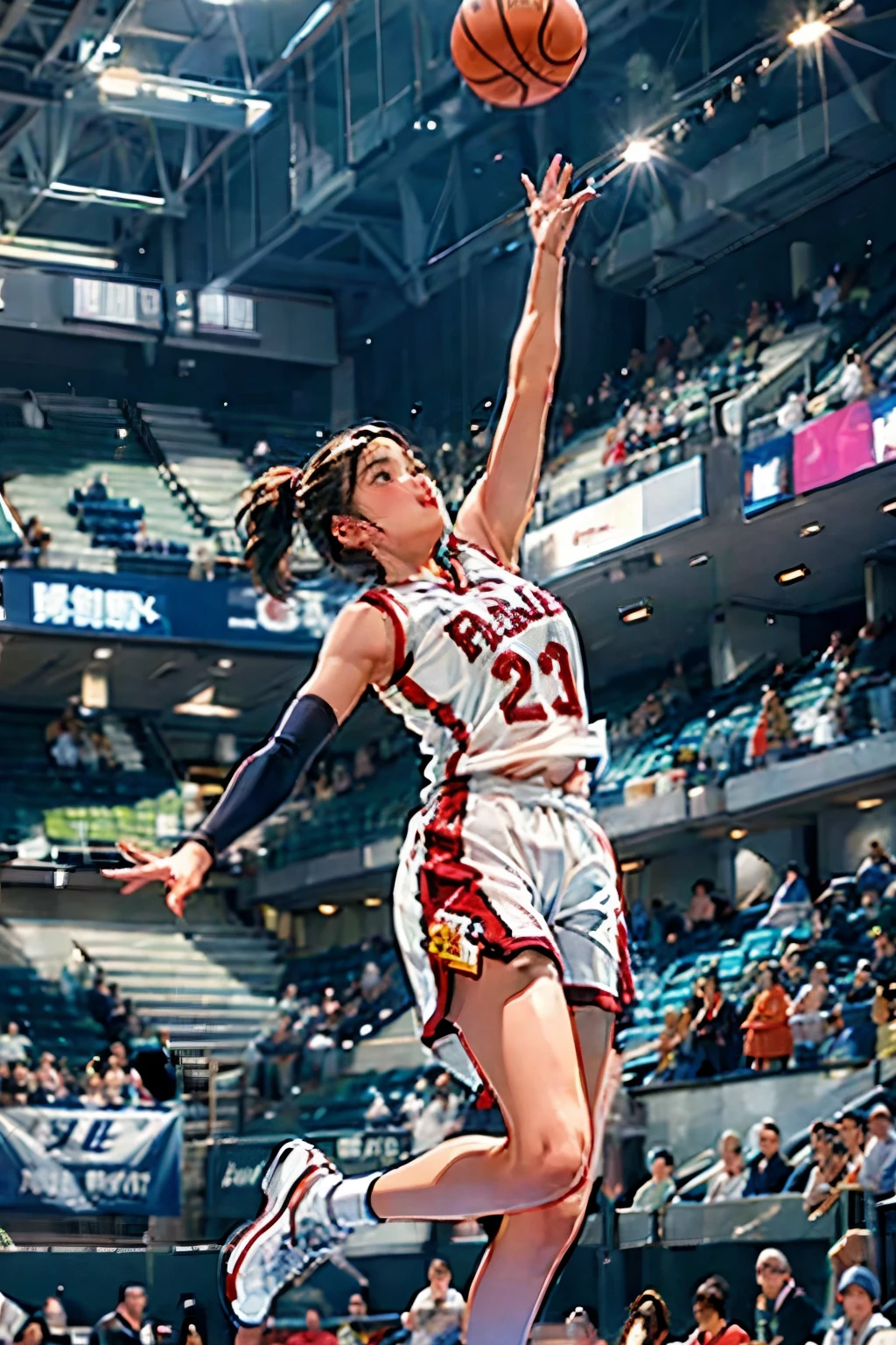 ((Female Basketball Player)), Young and beautiful girl、美しい顔のdetailedな描写、alone, dunk shot, Jumping Chute、close、Motion Blur、Dynamic Angle、stadium lighting、Blur the background、8Kdetailed, (detailed、masterpiece、Highest quality)、