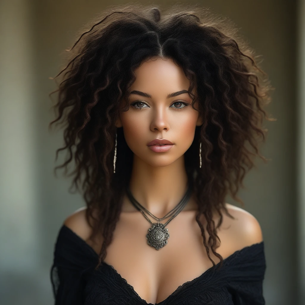 incredibly beautiful,  1 girl, One, long hair, breast, I look at the viewer, black hair, dress, Jewelry, medium breast, upper body, earrings, parted lips, NECKLACE, blurred, lips, blurred background, curly hair, realistic, Dreadlocks