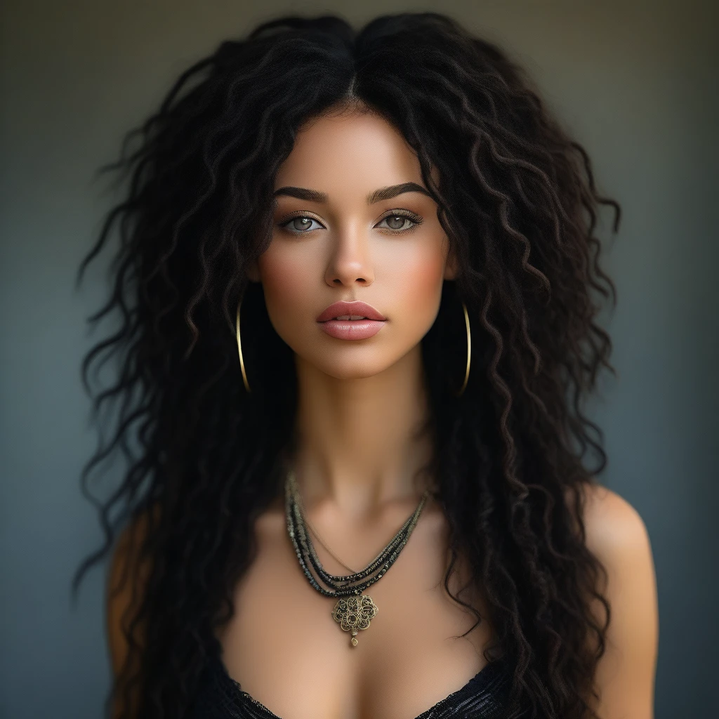 incredibly beautiful,  1 girl, One, long hair, breast, I look at the viewer, black hair, dress, Jewelry, medium breast, upper body, earrings, parted lips, NECKLACE, blurred, lips, blurred background, curly hair, realistic, Dreadlocks