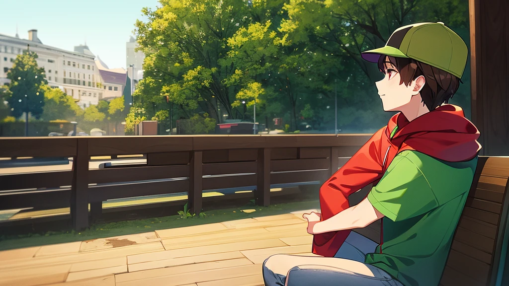 brown haired boy sitting on a bench, Has red eyes, He is wearing jeans, a green hoodie, and a cap, side view.