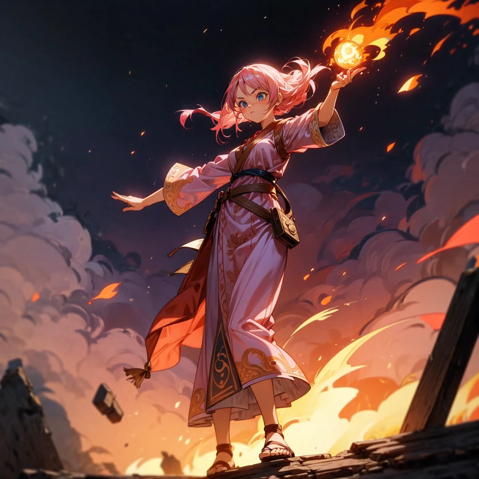 1girl, Full body version, 1character, adult girl version, blue eyes, long Curly haircut, pink colour hair, Ancient Roman clothing, red colour clothing, sandals, Grassroots, background in field town, motion blur, fire burned in hand, (dragon ball style art), standing gesture