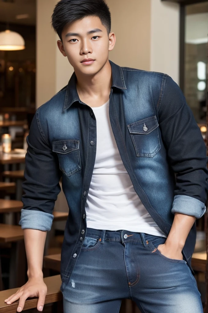 ((realistic daylight)) , Young Korean man in black sports shirt only, no pattern, denim shirt, jeans., A handsome, muscular young Asian man looks at the camera. , in the restaurant ,turn sideways