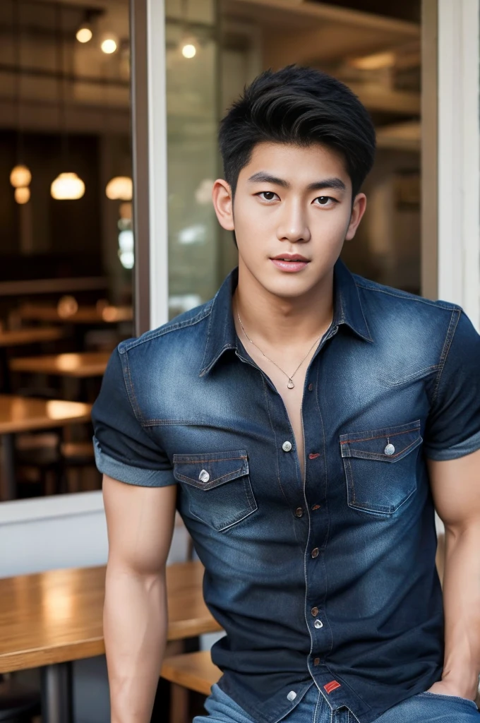 ((realistic daylight)) , Young Korean man in black sports shirt only, no pattern, denim shirt, jeans., A handsome, muscular young Asian man looks at the camera.  , in the restaurant ,turn sideways
