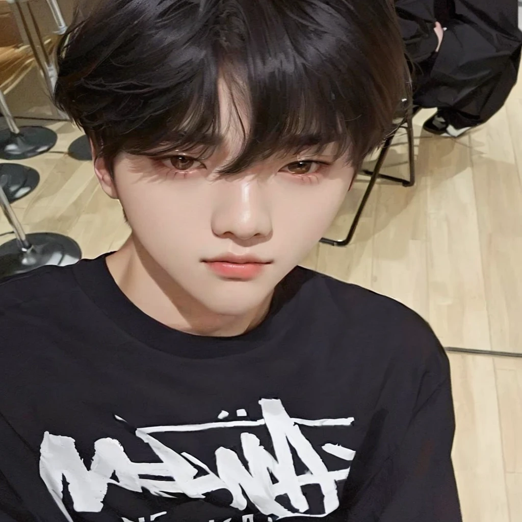 there is a young man in a black shirt sitting on a chair, kim doyoung, Jung Jaehyun, Taejune Kim, jinyoung shin, lee wonbin, hyung tae, pale korean adorable face, sometimes ulzzang, shin jeongho, Jimin\his right eyelid is swollen, his eyes seem wise, beautiful face, Jimin, hong june hyung, androgynous face