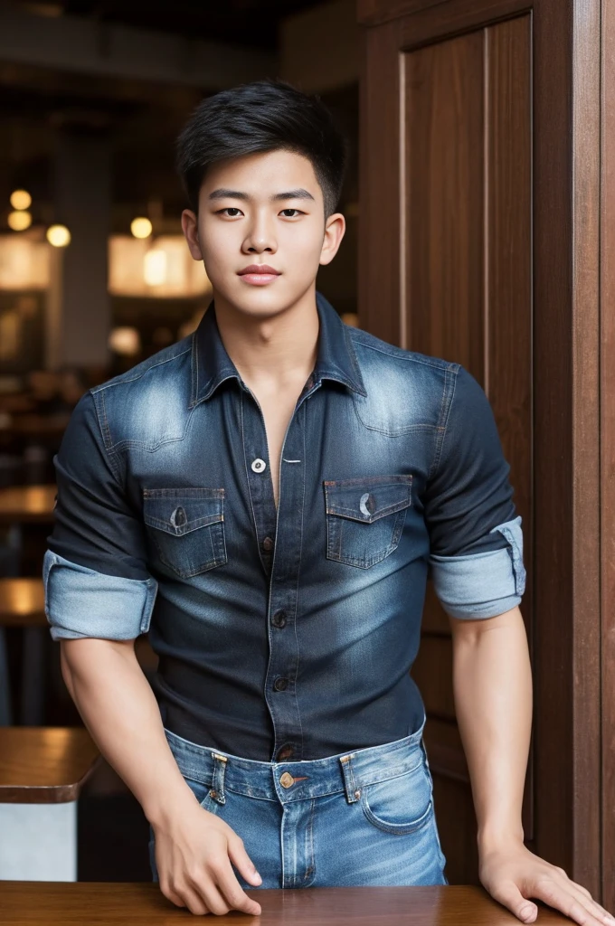 ((realistic daylight)) , Young Korean man in black sports shirt only, no pattern, denim shirt, jeans., A handsome, muscular young Asian man looks at the camera. , in the restaurant ,turn sideways