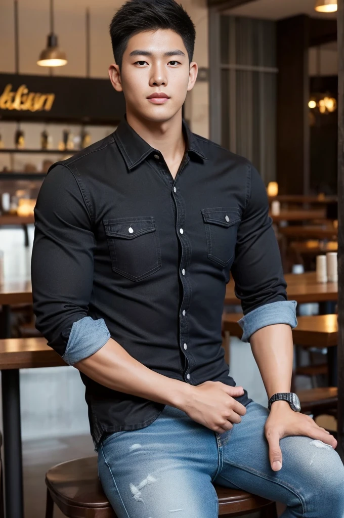 ((realistic daylight)) , Young Korean man in black sports shirt only, no pattern, denim shirt, jeans., A handsome, muscular young Asian man looks at the camera.  , in the restaurant ,turn sideways