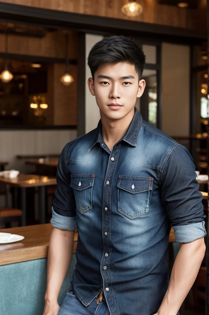 ((realistic daylight)) , Young Korean man in black sports shirt only, no pattern, denim shirt, jeans., A handsome, muscular young Asian man looks at the camera.  , in the restaurant ,turn sideways