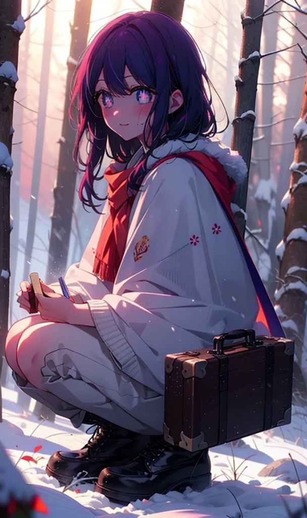aihoshino, Ai Hoshino, Long Hair, bangs, (Purple eyes:1.1), Purple Hair, (Symbol-shaped pupil:1.5), smile,,smile,blush,white breath,
Open your mouth,snow,Ground bonfire, Outdoor, boots, snowing, From the side, wood, suitcase, Cape, Blurred, , forest, White handbag, nature, Squat, Mouth closed, Cape, winter, Written boundary depth, Black shoes, red Cape break looking at viewer, Upper Body, whole body, break Outdoor, forest, nature, break (masterpiece:1.2), Highest quality, High resolution, unity 8k wallpaper, (shape:0.8), (Beautiful and beautiful eyes:1.6), Highly detailed face, Perfect lighting, Extremely detailed CG, (Perfect hands, Perfect Anatomy),