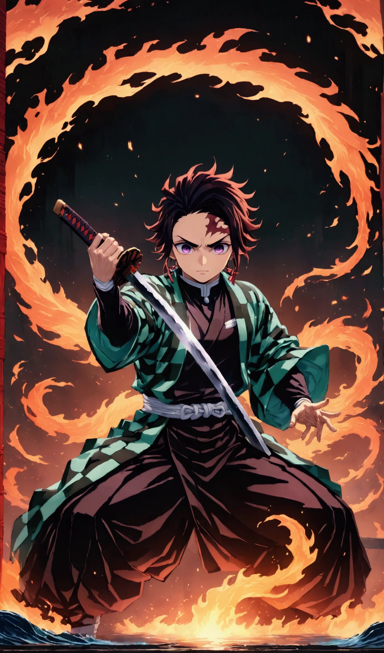 (1 male,Tanjiro Kamado),Demon slayer,Tanjiro Costume,tanjiro has a sword,Water and fire effects,Intricate details,,Decadent,artwork,rendering,Dynamic pose,(masterpiece:1.3),(highest quality:1.4),(Super detailed:1.5),High resolution,Very detailed,unity 8k wallpaper,Dark fantasy,,Glare,Fighting Style,Glare,Desperate form,BREAK,The sword is a Japanese sword,Japanese swords are straight and have a metallic luster..,Please hold the handle of the Japanese sword