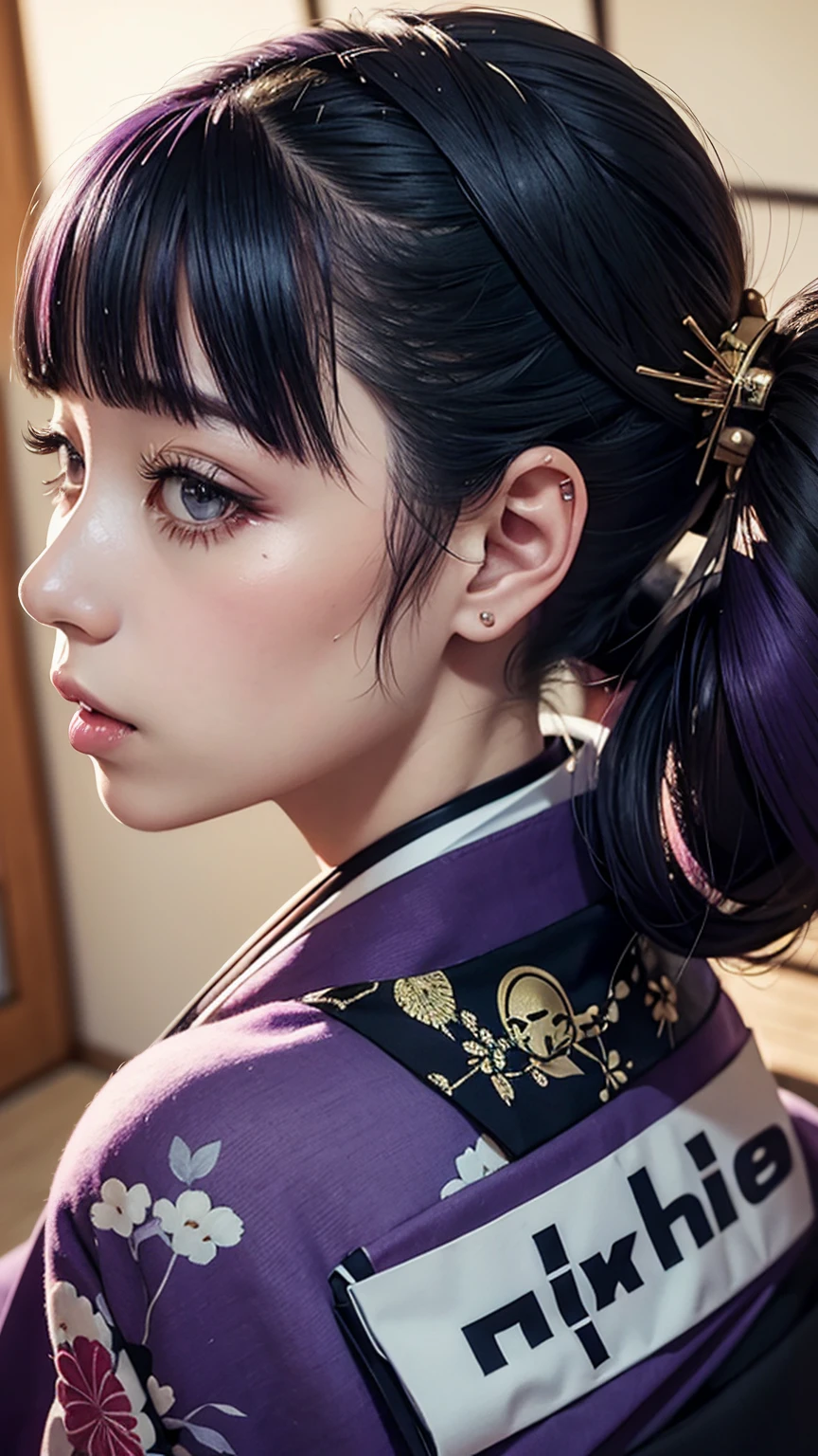 masterpiece, Highest quality, A solemn Japanese-style room with tatami mats, A large photograph of a woman from head to waist, (Close up on face:1.5), (Punk rock kimono:1.3), Squatting and spreading legs, Open your mouth, (black+Purple hair color, Mid-length hair, Twin tails), (blackい瞳, Sparkling eyes), (Long eyelashes, Eyelash extensions), (Hunched back and leaning forward:1.3)