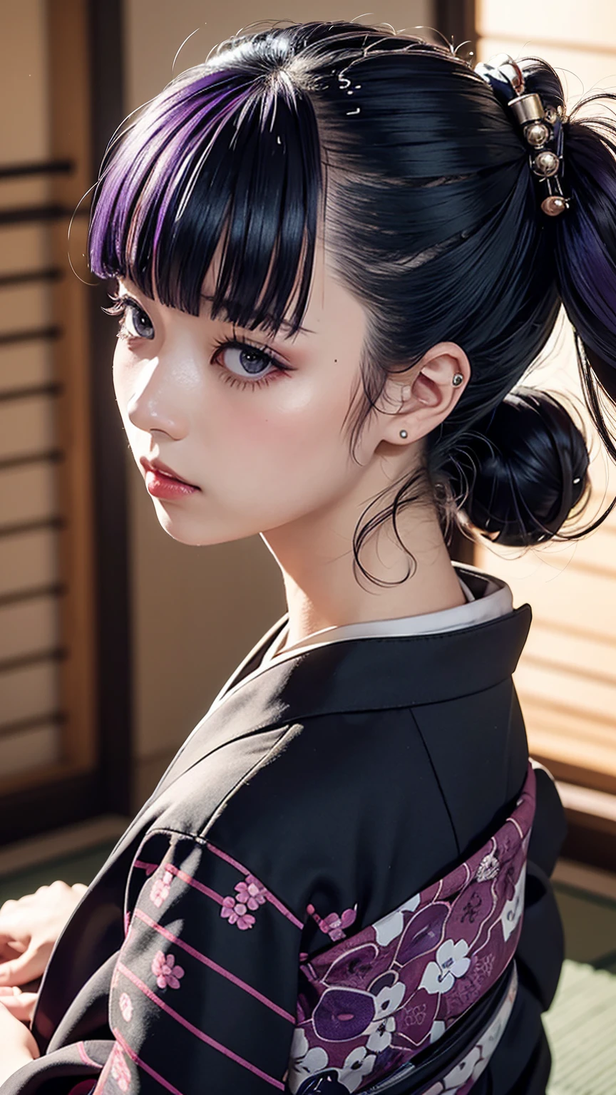 masterpiece, Highest quality, A solemn Japanese-style room with tatami mats, A large photograph of a woman from head to waist, (Close up on face:1.5), (Punk rock kimono:1.3), Squatting and spreading legs, Open your mouth, (black＋Purple hair color, Mid-length hair, Twin tails), (blackい瞳, Sparkling eyes), (Long eyelashes, Eyelash extensions), (Hunched back and leaning forward:1.3)