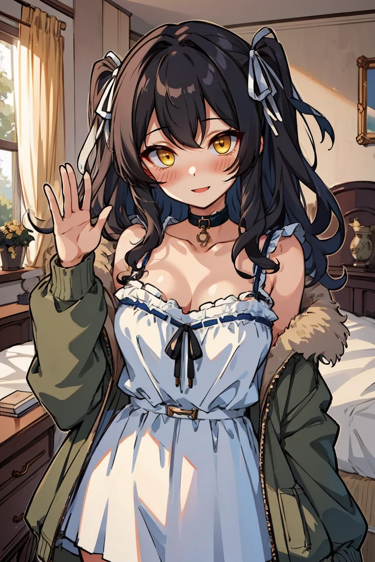 (masterpiece:1.2), (high quality:1.2), hui xiyi, rekkyo sensen, rekkyou sensen, (medium wavy hair, hair ribbon, one side up:1.54), solo focus, hand up, waving, girls with((black hair, bare shoulders, medium breasts, breasts, choker, cleavage, collar, collarbone, cowboy shot, dress, see-through sleeves, neck ribbon, blue clothes, frills shirt, fur, fur collar, fur trim, hooded jacket, hoodie, khaki jacket, green jacket, jacket, large breasts, long sleeves, belt, suspenders, open clothes, open hoodie, solo, winter clothes, zipper, upper body, hand up, waving, palm)), background with ((bedroom, room:2.0))