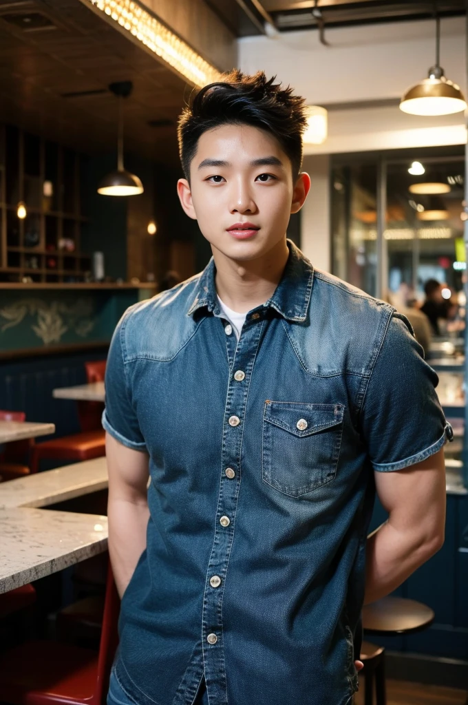 ((realistic daylight)) , Young Korean man in black sports shirt only, no pattern, denim shirt, jeans., A handsome, muscular young Asian man looks at the camera. , in the restaurant ,turn sideways