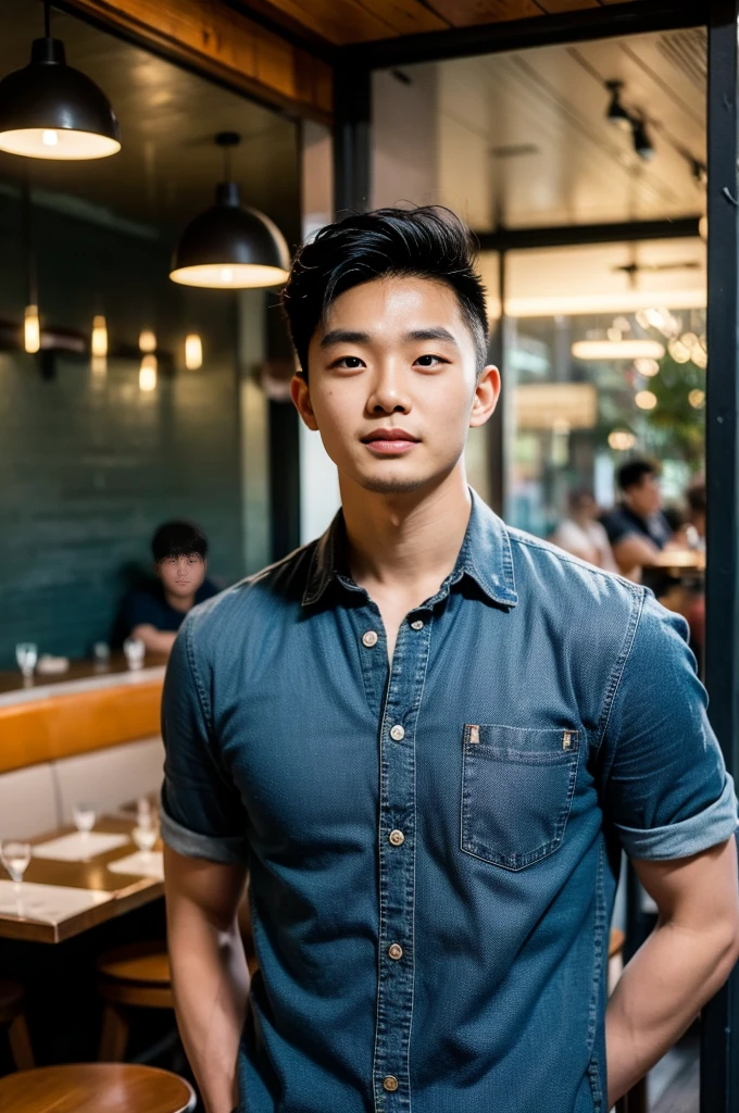 ((realistic daylight)) , Young Korean man in black sports shirt only, no pattern, denim shirt, jeans., A handsome, muscular young Asian man looks at the camera. , in the restaurant ,turn sideways
