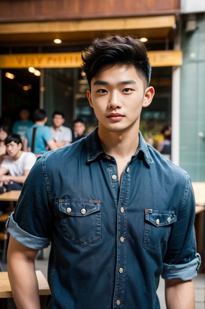 ((realistic daylight)) , Young Korean man in black sports shirt only, no pattern, denim shirt, jeans., A handsome, muscular young Asian man looks at the camera.  , in the restaurant ,turn sideways