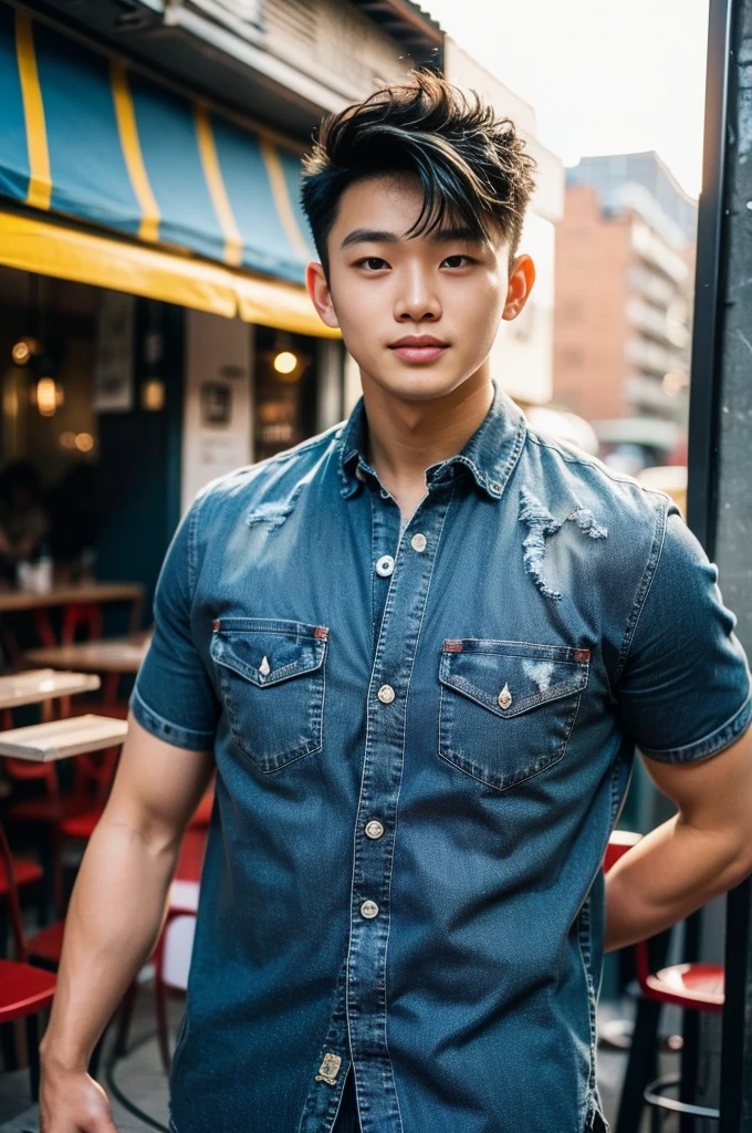 ((realistic daylight)) , Young Korean man in black sports shirt only, no pattern, denim shirt, jeans., A handsome, muscular young Asian man looks at the camera. , in the restaurant ,turn sideways