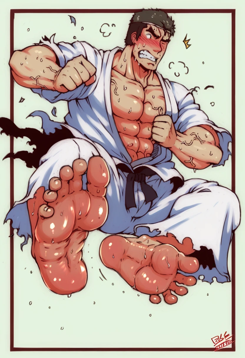 Ultra detailed, Highres, HDR,(((full body))),blush,bulge,muscular,masculine,masterpiece,muscle, Well-built physique,long legs,((Foot sweat)),((sweat foot soles )),((a mature male)),((Flying Kick)),((Jump kick)),((five toes)),((feet bulging veins)),fighter,samurai,torn clothes,unbuttoned clothes