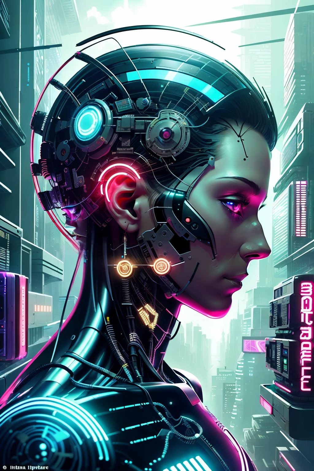 In this captivating cyberpunk-themed illustration or artwork, the fusion of technology and human bio-integration takes center stage. The scene is set against a backdrop of a high-tech metropolis, bathed in vibrant city lighting that illuminates the futuristic architectural forms towering overhead. The cityscape is a symphony of neon hues and artificial brilliance, contrasting with the inky blackness of the night sky.
At the heart of this urban jungle, a human figure is partially transformed, embodying the ideals of transhumanism and digitalization. Cybernetic implants glimmer with an otherworldly luminescence, amalg