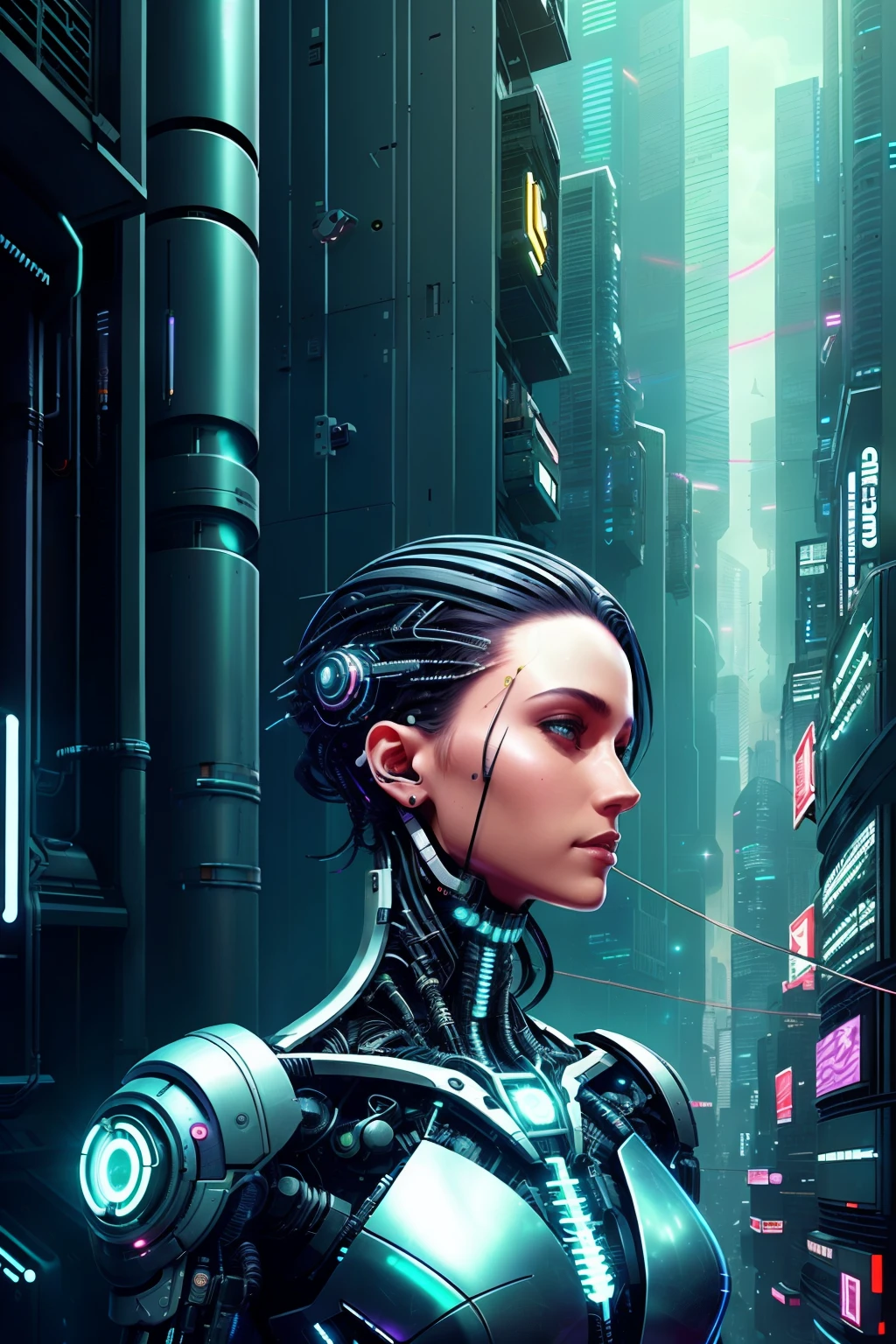 In this captivating cyberpunk-themed illustration or artwork, the fusion of technology and human bio-integration takes center stage. The scene is set against a backdrop of a high-tech metropolis, bathed in vibrant city lighting that illuminates the futuristic architectural forms towering overhead. The cityscape is a symphony of neon hues and artificial brilliance, contrasting with the inky blackness of the night sky.

At the heart of this urban jungle, a human figure is partially transformed, embodying the ideals of transhumanism and digitalization. Cybernetic implants glimmer with an otherworldly luminescence, amalg