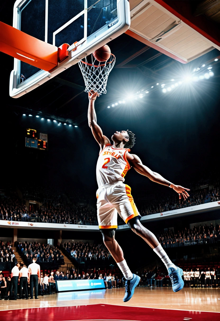 (Game-Winning Dunk), The basketball player unfolded in the air, gripping the ball tightly with both hands, ready to shoot it into the basket with astonishing force. The opposing player looked up in despair, with the background being inside the gymnasium, where light was shining through the roof, full body, award-winning, cinematic still, emotional, vignette, dynamic, vivid, (masterpiece, best quality, Professional, perfect composition, very aesthetic, absurdres, ultra-detailed, intricate details:1.3)