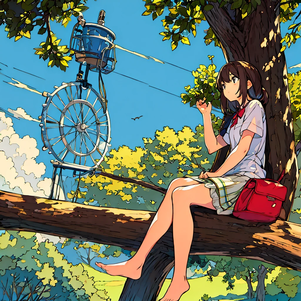 Plain background Girl sitting on a tree Summer Nostalgic