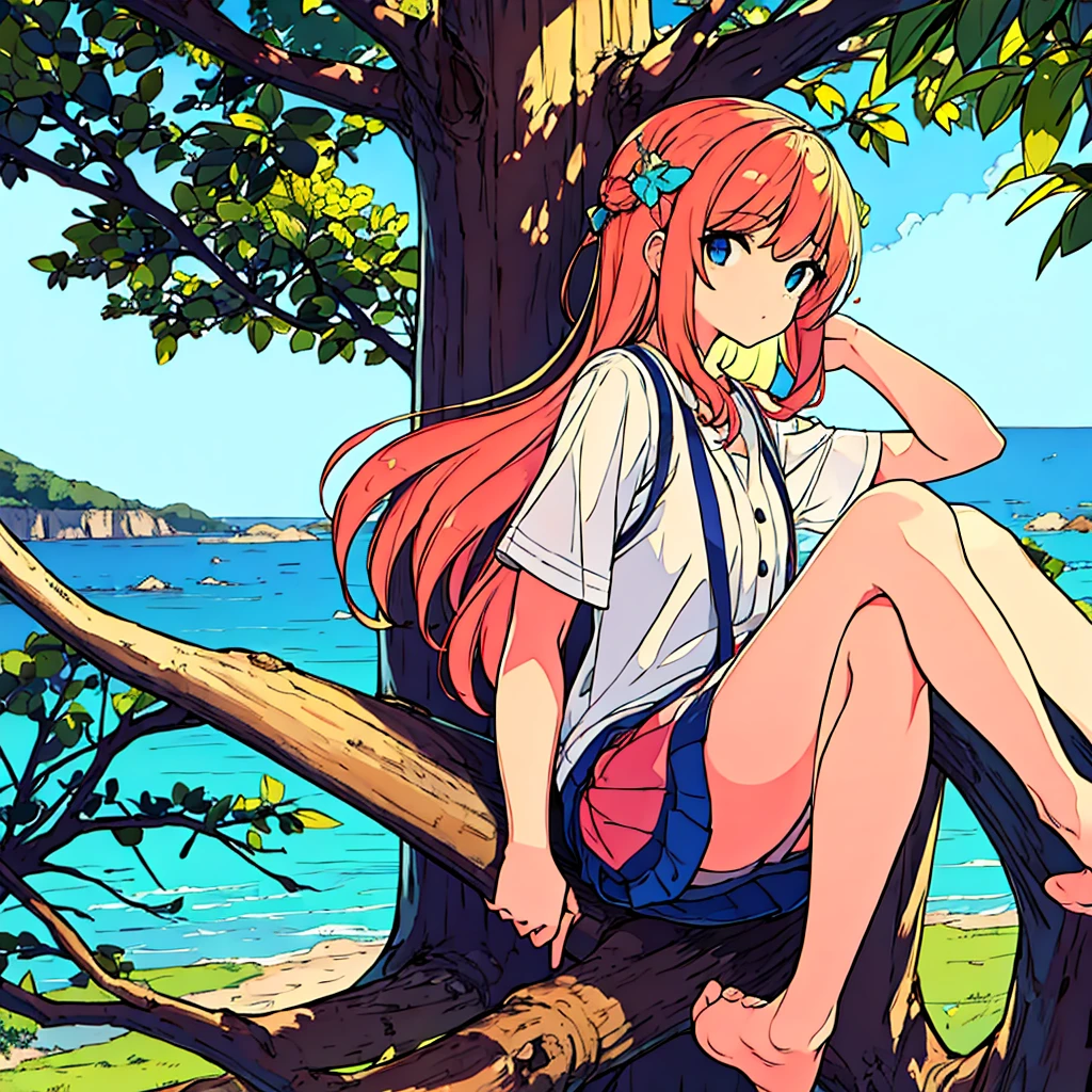 Plain background Girl sitting on a tree Summer Nostalgic