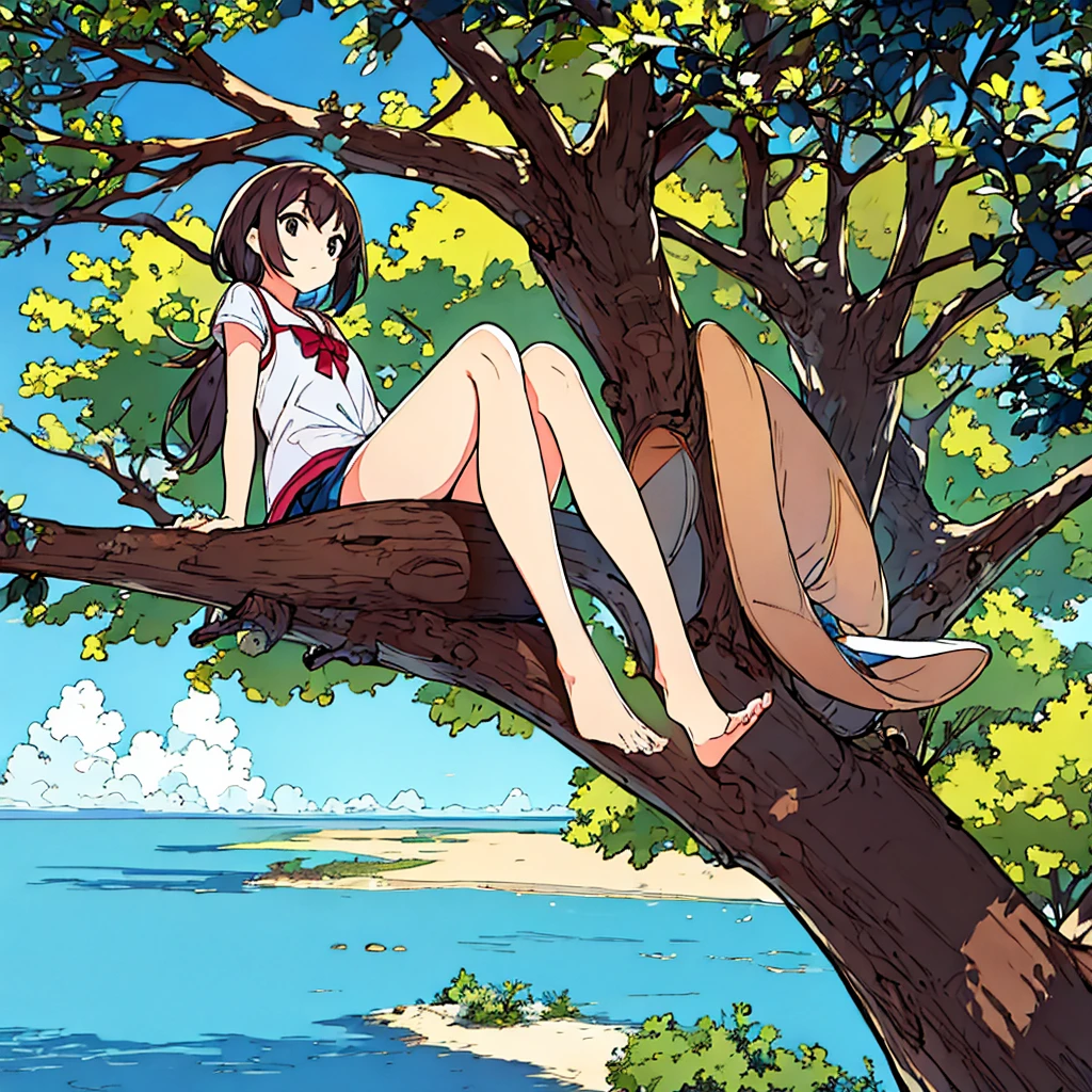 Plain background Girl sitting on a tree Summer Nostalgic