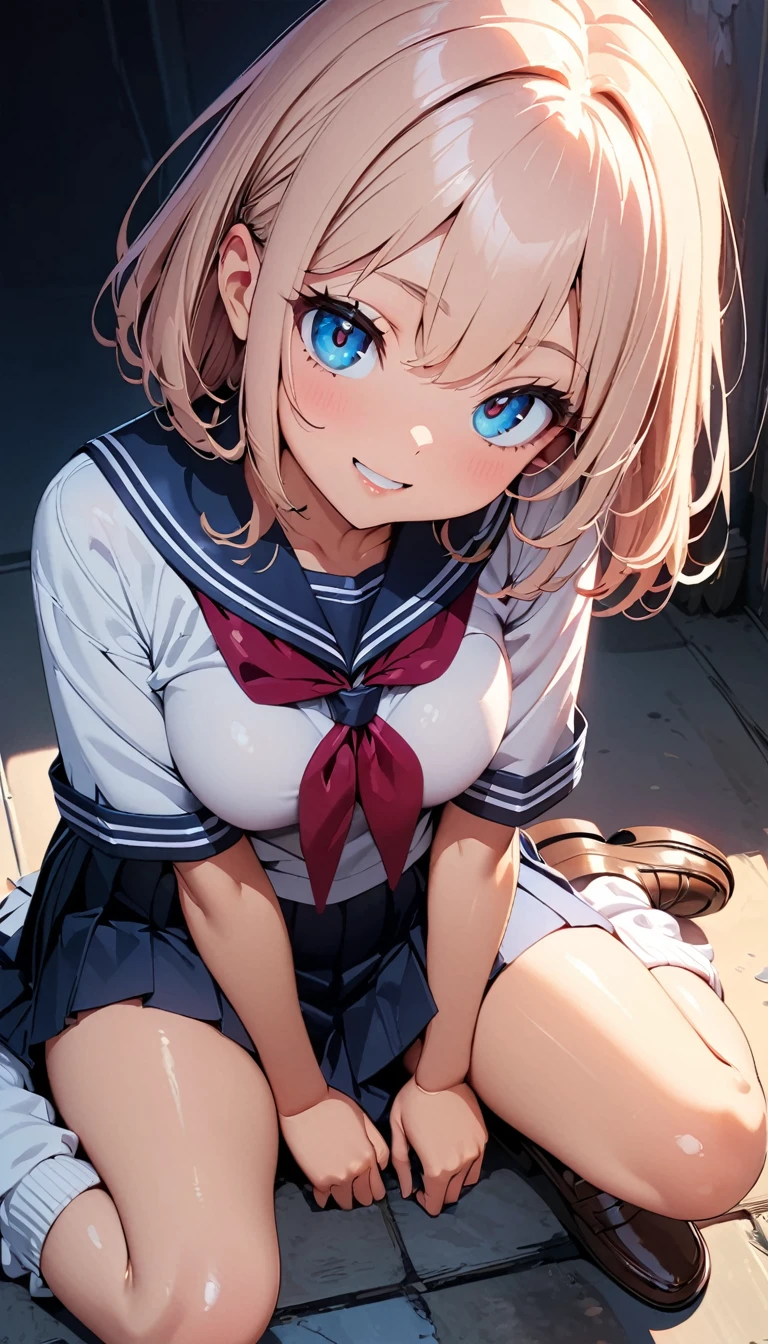 (Highest quality:1.24K, 8k, Studio Anime, Very detailed, Latest, Vibrant, High detail, High Contrast, masterpiece:1.2, Highest quality, Best aesthetics), (((1 Girl))), Sit and pose, ＪＫ, Sailor suit, Pleated skirt, loose socks, loafers, Please open your mouth a little:1.2, smile, Dynamic Angle, look up:1.3, Friendly atmosphere, Beautiful Hair, Shiny Hair, Beautiful Skin, Detailed face and eyes, Glossy Lips, Curvy Women, Striking contrast,