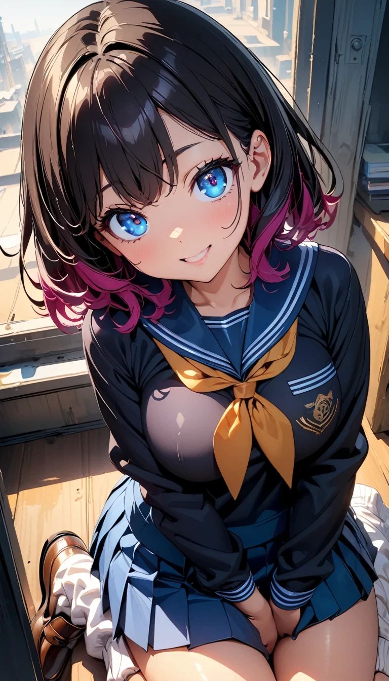 (Highest quality:1.2, 4K, 8k, Studio Anime, Very detailed, up to date, Vibrant, High detail, High Contrast, masterpiece:1.2, Highest quality, Best aesthetics), (((1 Girl))), Sit and pose, JK, Sailor suit, Pleated skirt, loose socks, loafers, Open your mouth a little:1.2, smile, Dynamic Angle, look up:1.3, Friendly atmosphere, Beautiful Hair, Shiny Hair, Beautiful Skin, Detailed face and eyes, Glossy Lips, Curvy Women, Striking contrast,