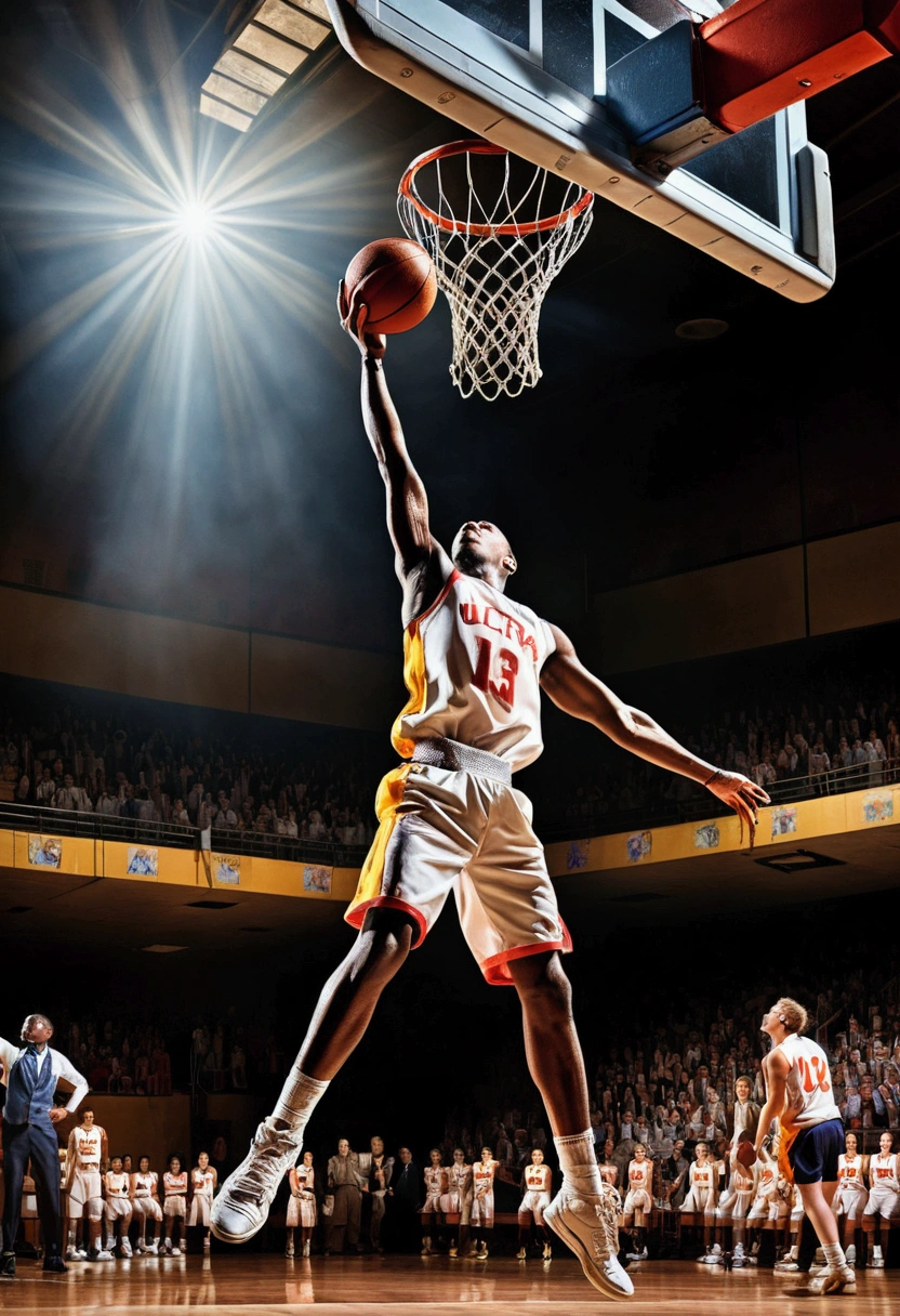 (Game-Winning Dunk, basketball hoop), Capture the ethereal light and shadow in a stunning photograph with selective color details, revealing the hidden poetry of (glowing objects), full body, award-winning, cinematic still, emotional, vignette, dynamic, vivid, (masterpiece, best quality, Professional, perfect composition, very aesthetic, absurdres, ultra-detailed, intricate details:1.3)
