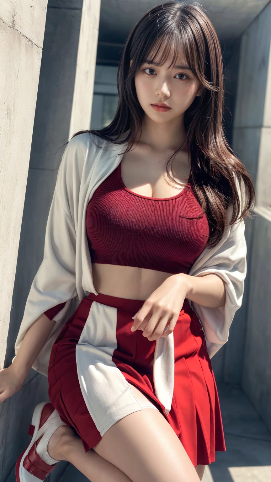 8K, Ultra-high resolution, Highest quality, masterpiece, 三分割法によるphotograph,Surreal, photograph, 1 Girl, (16 years old:1.3), pretty girl, Cute face, Beautiful eyes in every detail, 細かくdetailedに,masterpiece,, One Girl:1.2, Japan Female Announcer,whole body, Black Leather Bra, Wear a short red cardigan, Black long pants, Bare Belly, abdomen, Place one hand on hip, pretty girl, Sexy Girl, Attractive thighs, Sensual,A carefree smile,Heal the heart,Black Hair,Short Bob,Looking at the audience、beauty,Long neck、Laugh a little、Please close your mouth and laugh、(((Ideal body type))),A cup small breasts :2,、Portraiture:2、Perfect Anatomy、鮮明なdetailed、detailed、Surreal、Light and shadow,Strong light