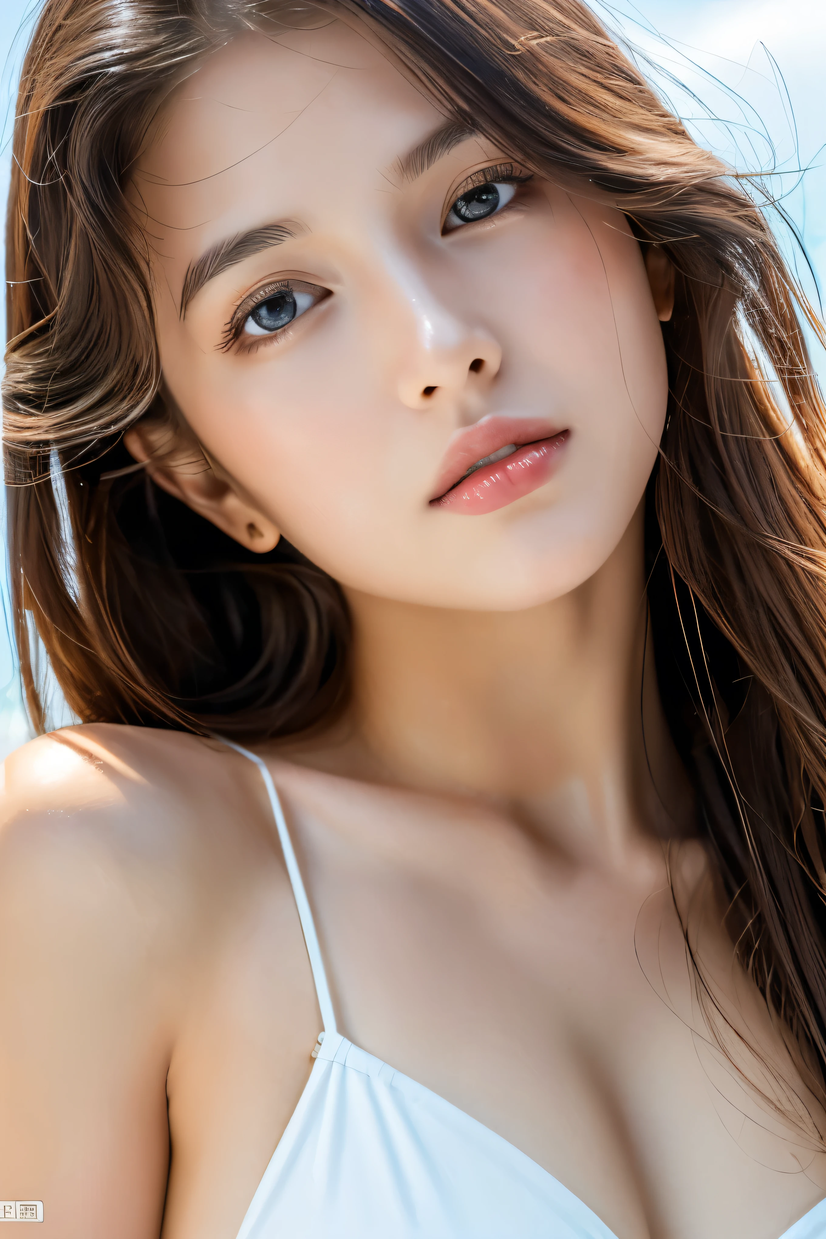 ((masterpiece)), ((Highest quality)), ((High resolution)), ((Detailed Background)), (1 Girl), pretty girl, Long Hair, Red-brown hair, black eye, ((Detailed face and eyes)), Wet lips, Shine, ((whole body)), Backlight, ((Slit eyes)), Ample breasts, sea, White swim suit, bikini, Slender body, Japanese, 