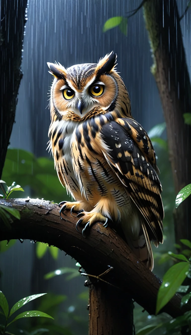 at night、An owl taking shelter from the rain、in the forest
