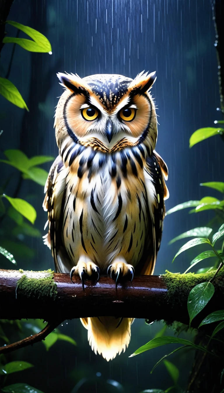 at night、An owl taking shelter from the rain、in the forest