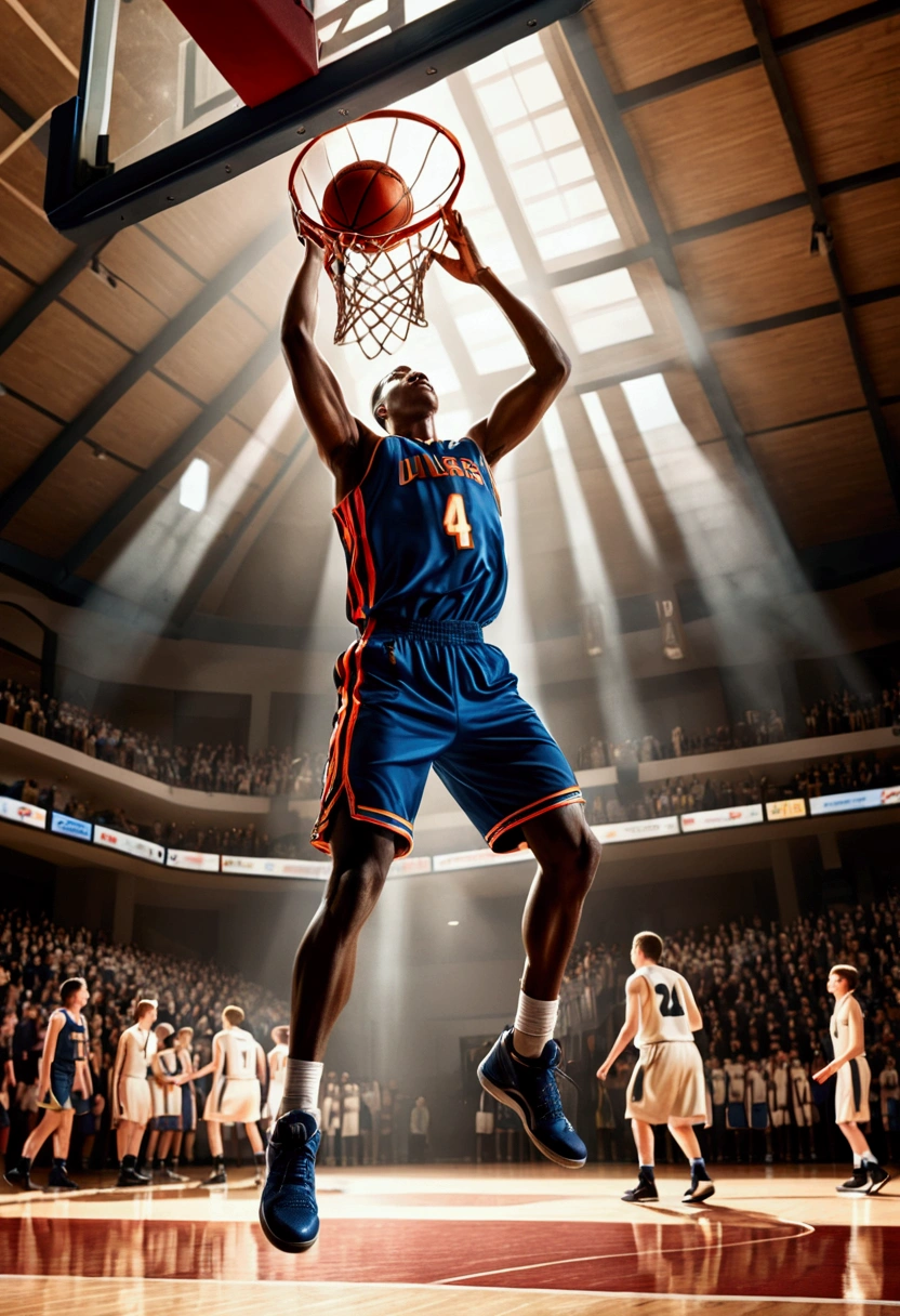 (Game-Winning Dunk, basketball hoop), Capture the ethereal light and shadow in a stunning photograph with selective color details, revealing the hidden poetry of (glowing objects), full body, award-winning, cinematic still, emotional, vignette, dynamic, vivid, (masterpiece, best quality, Professional, perfect composition, very aesthetic, absurdres, ultra-detailed, intricate details:1.3)