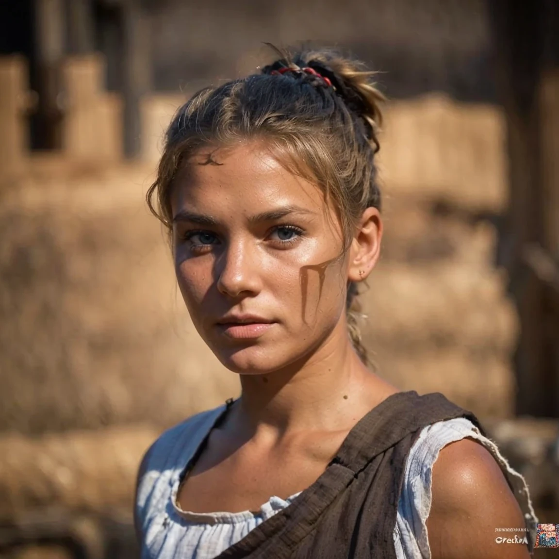 A Roman slave on a farm is a beautiful blonde german girl with regular facial features, sweaty, tanned, not washed, dressed in a very short tattered burlap tunic with slits on the hips, barefoot, a slave collar around her neck, thick hair tied in a ponytail, carries a basket of livestock feed, depraved, sensual many details high texture of clothes, bodies, hyperrealism against the background of the rural landscape of southern Italy
Меню
Словарь и онлайн перевод на английский, русский