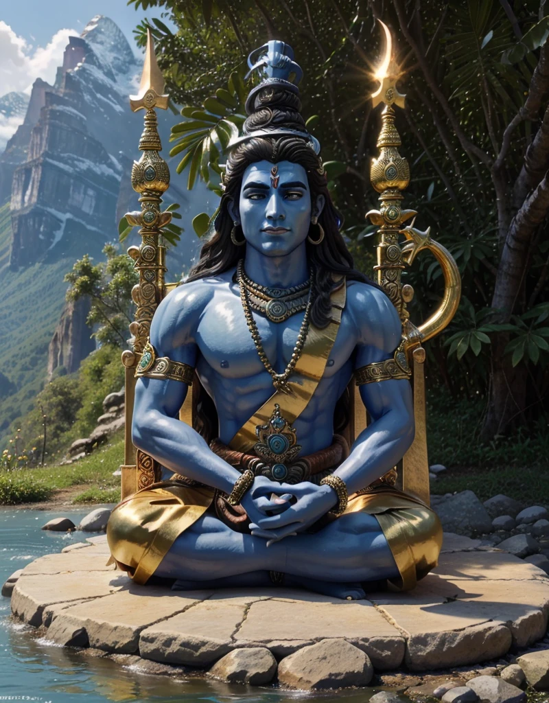 ((best quality)), ((masterpiece)), (detailed), lord shiva sitting at the top giving blessings upon the land, lush grass with flowing river beautiful, Realistic, life like , amazing , sun rise , with mountains and lush forest in the background, shiva is sitting cross legged. With Cresent on the head. Cobra sitting with shiva , add a trident in shivas hand upright on his left hand. On the right hand shivas blessings must be given with sun rays. Shivas palm must be facing forward. Snow topped mountains, blue skin. Below lord shiva is lord Hanuman, Lord Hanuman is sitting cross legged in a natural position, lord Hanuman has a golden mace in his hand. Lord shiva has a cobra and peacock next to him. Full image , wallpaper. 2 people, blessings, realistic, classic , warmth.