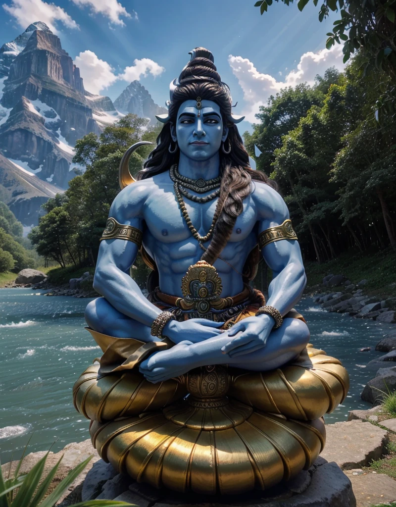 ((best quality)), ((masterpiece)), (detailed), lord shiva sitting at the top giving blessings upon the land, lush grass with flowing river beautiful, Realistic, life like , amazing , sun rise , with mountains and lush forest in the background, shiva is sitting cross legged. With Cresent on the head. Cobra sitting with shiva , add a trident in shivas hand upright on his left hand. On the right hand shivas blessings must be given with sun rays. Shivas palm must be facing forward. Snow topped mountains, blue skin. Below lord shiva is lord Hanuman, Lord Hanuman is sitting cross legged in a natural position, lord Hanuman has a golden mace in his hand. Lord shiva has a cobra and peacock next to him. Full image , wallpaper. 2 people, blessings, realistic, classic , warmth.