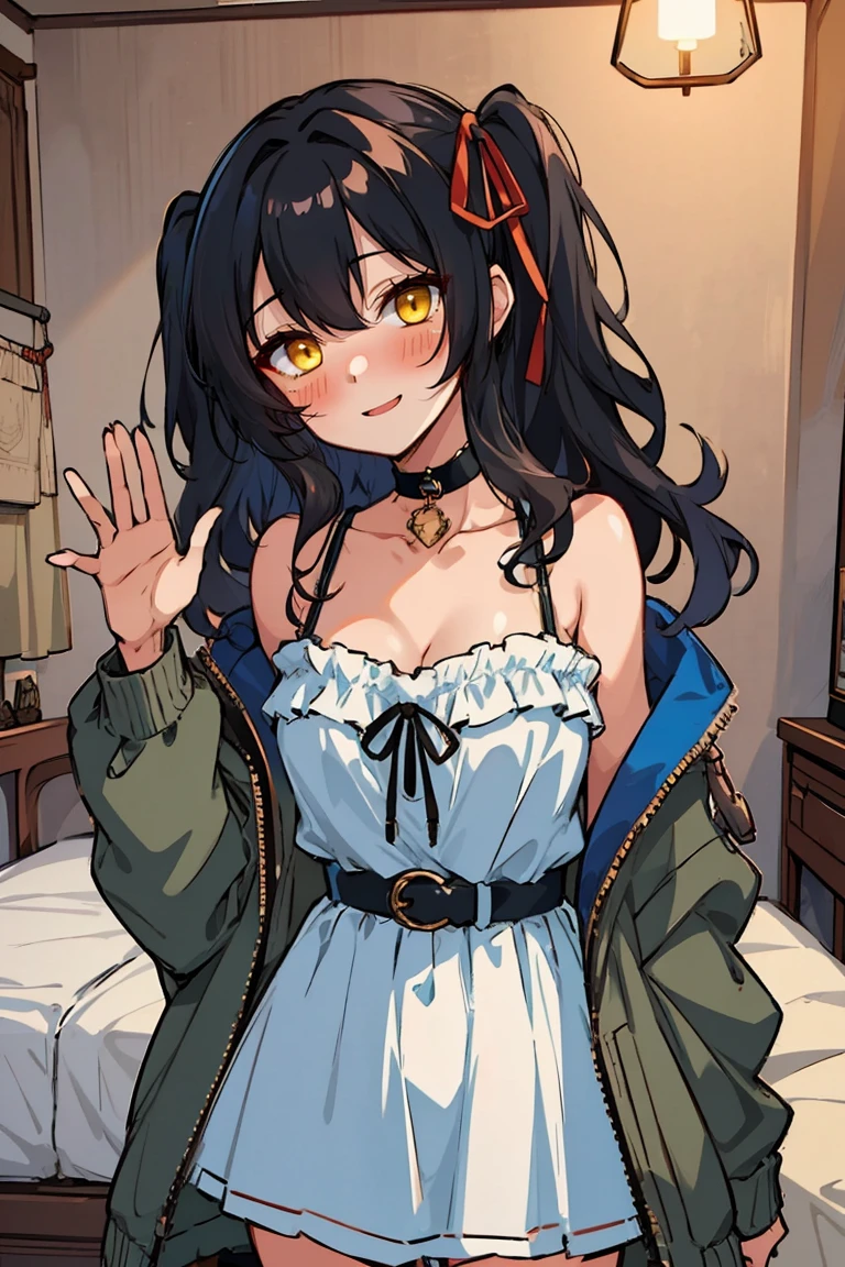 (masterpiece:1.2), (high quality:1.2), hui xiyi, rekkyo sensen, rekkyou sensen, (medium wavy hair, hair ribbon, one side up:1.54), solo focus, hand up, waving, girls with((black hair, bare shoulders, medium breasts, breasts, choker, cleavage, collar, collarbone, cowboy shot, dress, see-through sleeves, neck ribbon, blue clothes, frills shirt, fur, fur collar, fur trim, hooded jacket, hoodie, khaki jacket, green jacket, jacket, large breasts, long sleeves, belt, suspenders, open clothes, open hoodie, solo, winter clothes, zipper, upper body, hand up, waving, palm)), background with ((bedroom, room:2.0))