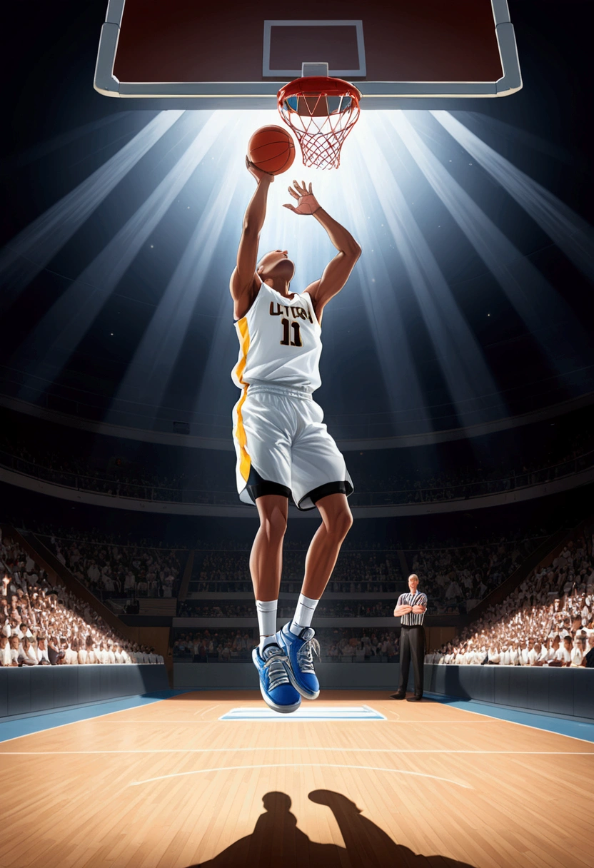 (Game-Winning Dunk), The basketball player unfolded in the air, gripping the ball tightly with both hands, ready to shoot it into the basket with astonishing force. The opposing player looked up in despair, with the background being inside the gymnasium, where light was shining through the roof, full body, award-winning, cinematic still, emotional, vignette, dynamic, vivid, (masterpiece, best quality, Professional, perfect composition, very aesthetic, absurdres, ultra-detailed, intricate details:1.3)